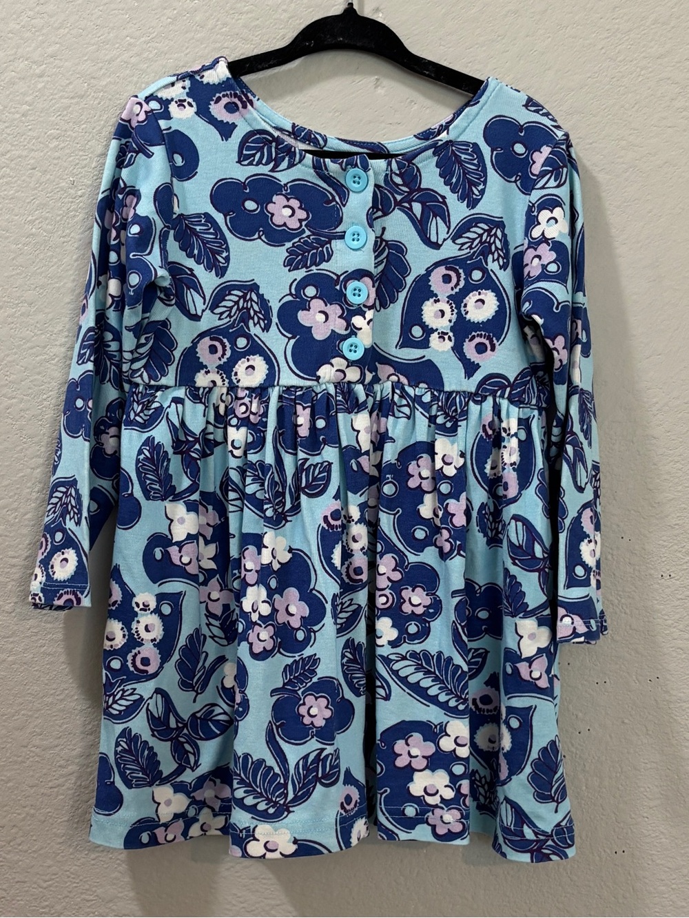 Hanna Andersson Blue Floral Henley Long Sleeve Cotton Dress Size 3T (90 cm)